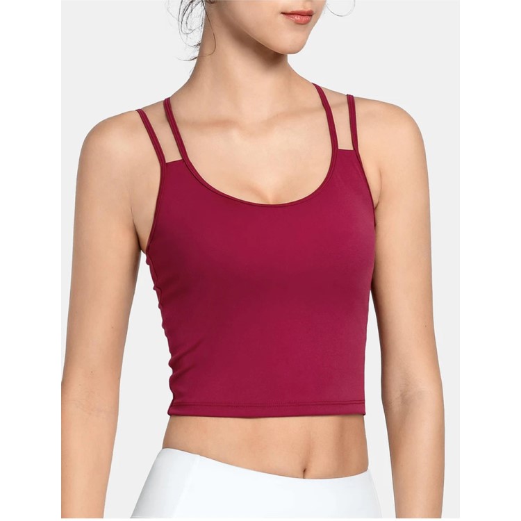 Womens Solid Color Wirefree Padded Strappy Back Sports Bra Top Tank Bra